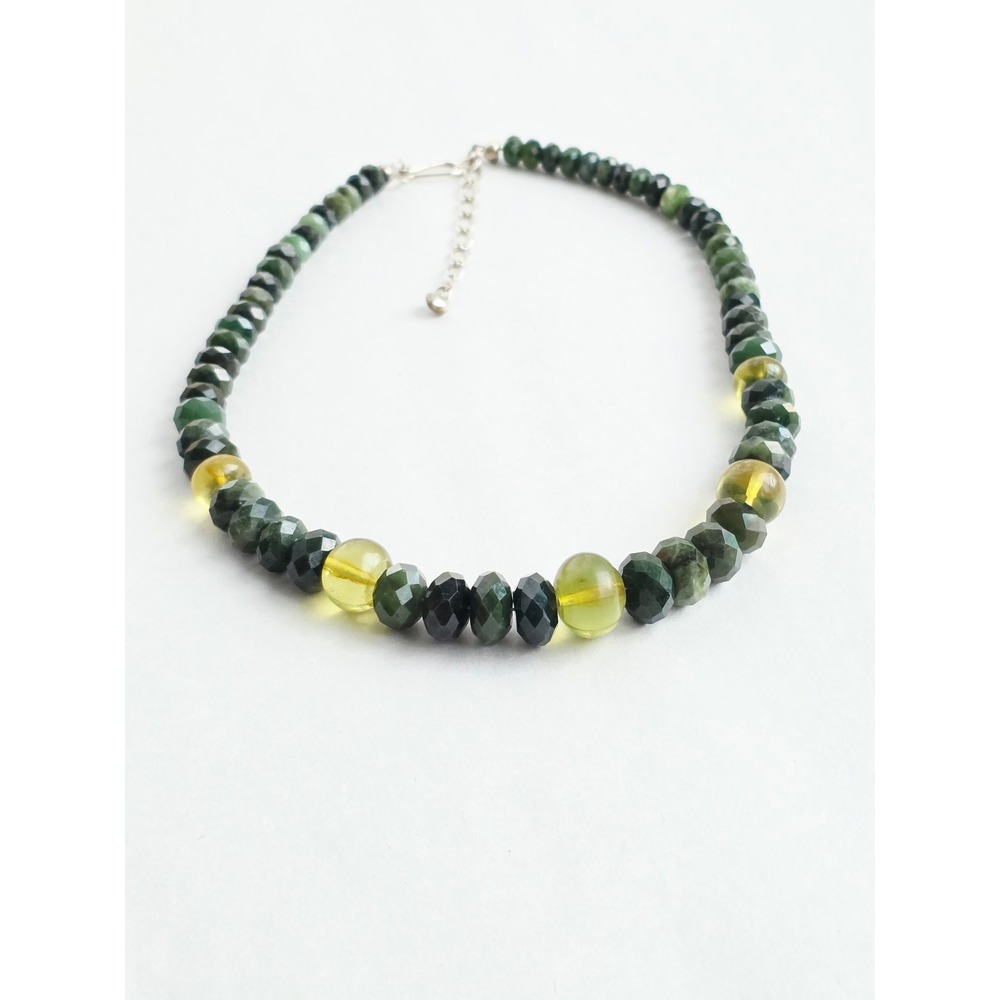 DTR 925 Sterling Silver Green Nephrite Gemstone Necklace with Yellow Accents
